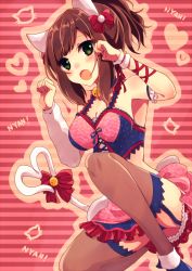 Rule 34 | 10s, 1girl, animal ears, arm ribbon, arm warmers, bell, neck bell, bow, brown hair, cat ears, cat tail, collar, fang, garter straps, green eyes, hair bow, heart, heart tail, highres, idolmaster, idolmaster cinderella girls, idolmaster cinderella girls starlight stage, maekawa miku, obybuss, paw pose, ribbon, short hair, short ponytail, solo, tail, tail bell, tail bow, tail ornament, thighhighs