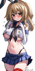 Rule 34 | 1girl, black hairband, black neckerchief, black panties, blue sailor collar, blue skirt, brown eyes, cosplay, crop top, eckert&amp;eich, elbow gloves, gloves, hairband, highleg, highleg panties, highres, i-26 (kancolle), kantai collection, light brown hair, long hair, looking at viewer, microskirt, miniskirt, neckerchief, one-hour drawing challenge, panties, pleated skirt, sailor collar, shimakaze (kancolle), shimakaze (kancolle) (cosplay), shirt, simple background, skirt, sleeveless, sleeveless shirt, solo, striped clothes, striped thighhighs, thighhighs, twitter username, two side up, underwear, white background, white gloves