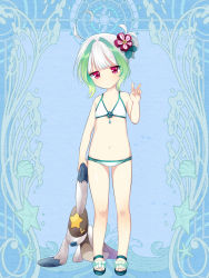 Rule 34 | 1girl, ahoge, bad proportions, bikini, child, dairoku ryouhei, flower, full body, green hair, hair flower, hair ornament, holding, holding stuffed toy, l (matador), looking at viewer, multicolored hair, red eyes, sandals, simple background, solo, standing, stuffed animal, stuffed rabbit, stuffed toy, swimsuit, two-tone hair, v, white bikini, white hair