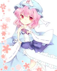 Rule 34 | 1girl, breasts, dress, female focus, hat, japanese clothes, pink hair, red eyes, ribbon, saigyouji yuyuko, short hair, small breasts, smile, solo, soon32281, tama (soon32281), thighhighs, touhou, triangular headpiece