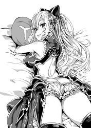 Rule 34 | 10s, 1girl, armor, armored dress, asanagi, ass, back, bare shoulders, bed sheet, blush, bow, breasts, butt crack, covered erect nipples, dress, empty eyes, eyes visible through hair, female focus, frilled skirt, frills, from behind, granblue fantasy, greyscale, hair between eyes, hair bow, hair ornament, highres, large breasts, long hair, looking at viewer, looking back, lying, microskirt, monochrome, nose blush, hugging object, on stomach, pillow, pillow hug, ponytail, simple background, skirt, smile, solo, thighhighs, thighs, vira (granblue fantasy), white background, yes, yes-no pillow