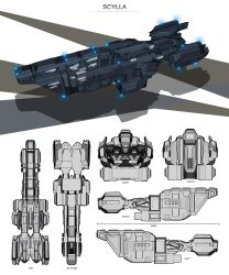 Rule 34 | 3d, absurdres, blueprint (medium), caldari state (eve online), character sheet, commentary, concept art, cruiser (eve online), eve online, feenposhleen, from side, glowing, grey theme, highres, military vehicle, multiple views, no humans, original, science fiction, shadow, spacecraft, spaceship, thrusters, vehicle focus