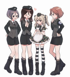 Rule 34 | 4girls, alternate costume, ankle boots, apron, azumi (girls und panzer), black gloves, black ribbon, black skirt, boots, brown hair, cross-laced footwear, dress, emblem, girls und panzer, glasses, gloves, grey hair, hat, highres, kneehighs, lace-up boots, long hair, looking at another, maid, maid apron, megumi (girls und panzer), miniskirt, multiple girls, one side up, ri (qrcode), ribbon, rumi (girls und panzer), selection university (emblem), selection university military uniform, shimada arisu, short dress, short hair, skirt, socks, striped clothes, striped legwear, striped thighhighs, thighhighs