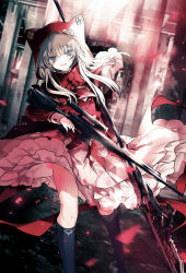 Rule 34 | 1girl, animal hood, black socks, blonde hair, blue eyes, bow, bowtie, capelet, cierra (ra-bit), commentary request, dress, feet out of frame, gun, holding, holding gun, holding weapon, hood, hood up, hooded capelet, kneehighs, little red riding hood, little red riding hood (grimm), long hair, long sleeves, looking at viewer, marionnette histoire, open mouth, original, petticoat, red bow, red dress, rifle, sidelocks, smile, sniper rifle, socks, solo, standing, weapon