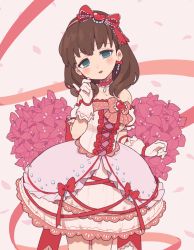 Rule 34 | 1girl, bad id, bad twitter id, blue eyes, blush stickers, bow, bow earrings, brown hair, bubble skirt, choker, commentary request, cowboy shot, dress, earrings, flower, flower request, frilled choker, frilled dress, frills, gloves, gomi (kaiwaresan44), hair ornament, hair ribbon, head tilt, heart, heart hair ornament, idol, idolmaster, idolmaster cinderella girls, jewelry, medium hair, open mouth, petals, petticoat, pink bow, pink dress, pinky out, polka dot, polka dot bow, red choker, red ribbon, ribbon, sakuma mayu, skirt, smile, solo, strapless, strapless dress, white gloves
