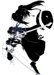 Rule 34 | 1girl, absurdres, arms behind back, bdsm, black hair, black rock shooter, black rock shooter (character), bondage, bound, cuffs, handcuffs, highres, kinbakuman, monochrome, rope, sex toy, shibari, spot color, sword, tears, twintails, vibrator, weapon