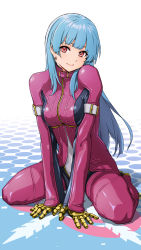 Rule 34 | 1girl, arm strap, between legs, blue hair, bodysuit, breasts squeezed together, breasts, closed mouth, commentary, full body, gloves, hand between legs, highres, kula diamond, light blue hair, lips, long hair, looking at viewer, medium breasts, red bodysuit, red eyes, simple background, sitting, smile, solo, straight hair, taut clothes, the king of fighters, wariza, white background, x chitch, yellow gloves, zipper