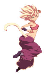 Rule 34 | 10s, 1girl, ass, bare shoulders, belt bra, blonde hair, breasts, caulifla, clenched hand, closed mouth, clothing cutout, dragon ball, dragon ball super, from behind, full body, green eyes, highres, jumping, long hair, looking at viewer, looking back, medium breasts, monkey tail, pants, puffy pants, purple pants, simple background, smile, solo, spiked hair, strapless, super saiyan, tail, tail through clothes, tasaka shinnosuke, tube top, white background, wristband