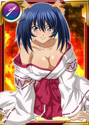 Rule 34 | 00s, 1girl, bare shoulders, bashoku youjou, blue hair, blush, breasts, card (medium), cleavage, female focus, hair ornament, ikkitousen, large breasts, looking at viewer, purple eyes, shiny skin, short twintails, sitting, smile, solo, twintails