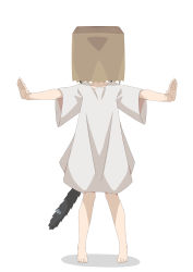 Rule 34 | 1girl, absurdres, animal ears, bag, bag over head, barefoot, cat ears, facing viewer, full body, highres, mao lian (nekokao), naked shirt, original, outstretched arms, oversized clothes, oversized shirt, paper bag, pigeon-toed, shirt, simple background, solo, spread arms, white background, wide sleeves