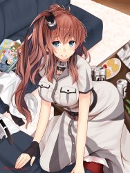 Rule 34 | 1girl, :d, anchor choker, arm support, bad id, bad pixiv id, belt, black gloves, blue eyes, breast pocket, breasts, brown hair, can, carpet, couch, dress, drink can, gloves, grin, hair ornament, half gloves, highres, indoors, kantai collection, large breasts, leaning forward, long hair, looking at viewer, magazine (object), narushima kanna, one side up, open mouth, parted lips, plate, pocket, saratoga (kancolle), saratoga mk ii (kancolle), short sleeves, sidelocks, single glove, smile, soda can, solo, standing, table, twitter username, white dress