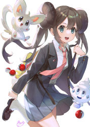 Rule 34 | 1girl, :d, adjusting footwear, backpack, bag, black footwear, black hair, black jacket, blazer, blue eyes, blue skirt, blush, breasts, collared shirt, commentary request, creatures (company), double bun, dress shirt, game freak, gen 5 pokemon, hair between eyes, hair bun, hand up, highres, honyaru (nanairo39), jacket, loafers, long hair, minccino, necktie, nintendo, open clothes, open jacket, open mouth, pink necktie, pleated skirt, poke ball, poke ball (basic), pokemon, pokemon (creature), pokemon bw2, rosa (pokemon), school uniform, shirt, shoes, signature, simple background, skirt, small breasts, smile, socks, teeth, twintails, upper teeth only, vanillite, very long hair, white background, white legwear, white shirt