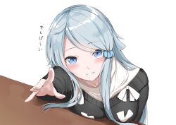 Rule 34 | 1girl, black sweater, blue eyes, blue hair, blue scrunchie, blush, breasts, bright pupils, casual, commentary, eyelashes, grin, hair ornament, hair scrunchie, hair spread out, highres, imouto sae ireba ii, kani nayuta, large breasts, light blue hair, long hair, long sleeves, looking at viewer, parted bangs, reaching, reaching towards viewer, ribbon, scrunchie, sidelocks, simple background, smile, solo, straight hair, sweater, translated, upper body, upturned eyes, very long hair, white background, white pupils, white ribbon, yanagi marie