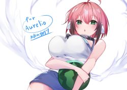 Rule 34 | 1girl, :o, android, blue skirt, blush, breasts, collar, commentary, commission, cowlick, english commentary, food, from below, fruit, holding, holding food, holding fruit, ikaros, large breasts, open mouth, pencil skirt, red hair, robot ears, short hair, skeb commission, skirt, solo, sora no otoshimono, watermelon, white background, wings, yayoi asuka