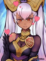 Rule 34 | 1girl, armor, bare shoulders, blush, breasts, cleavage, closed mouth, commentary, corrupted metadata, dark-skinned female, dark skin, english commentary, fire emblem, fire emblem heroes, gradient hair, hair ornament, heart, laevateinn (fire emblem), long hair, looking at viewer, medium breasts, multicolored hair, nintendo, phiphi-au-thon, pink hair, red eyes, solo, twintails, twitter username
