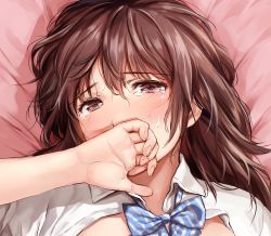 Rule 34 | 1girl, bad id, bad twitter id, bed sheet, blue bow, blue bowtie, blush, bow, bowtie, brown eyes, brown hair, close-up, collared shirt, covered mouth, covering own mouth, crying, crying with eyes open, hair between eyes, highres, implied sex, long hair, looking at viewer, lying, on back, on bed, original, shirt, solo, striped bow, striped bowtie, striped clothes, striped neckwear, tears, umakuchi shouyu (into-rain), unbuttoned, unbuttoned shirt, white shirt, wing collar