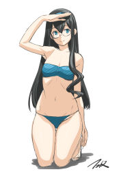 Rule 34 | 1girl, artist name, bandeau, bikini, black hair, blue bandeau, blue bikini, breasts, commentary request, full body, glasses, green eyes, hairband, highres, kantai collection, kneeling, long hair, looking at viewer, ooyodo (kancolle), semi-rimless eyewear, shading eyes, simple background, small breasts, solo, strapless, strapless bikini, swimsuit, t2r, under-rim eyewear, white background