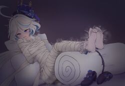 Rule 34 | 1girl, absurdres, ahoge, arms behind back, bandages, bdsm, blue bow, blue eyes, blue footwear, blue hair, blue hat, blush, bondage, bound, bound legs, bow, commentary request, furina (genshin impact), genshin impact, hair between eyes, hat, hat bow, high heels, highres, multicolored hair, mummification (bound), nose blush, pillow, purple background, reclining, shoes, short hair, socks, solo, streaked hair, tk (t-k), top hat, unworn shoes, white hair, white socks