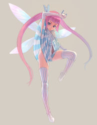 Rule 34 | 1girl, bare hips, blue eyes, boxers, cameltoe, clothes pin, elbow gloves, fairy, female focus, full body, gloves, insect wings, long hair, male underwear, mini person, minigirl, original, pink hair, simple background, solo, striped clothes, striped thighhighs, thighhighs, twintails, underwear, weno, wings