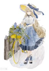 Rule 34 | 1girl, aoyagi874, artist name, bicycle, bicycle basket, black bow, black bowtie, blonde hair, blue bow, blue dress, blue eyes, blue flower, blue rose, bow, bowtie, buttons, dot nose, dress, fence, flower, frilled hat, frills, gloves, hat, hat bow, hat flower, highres, long hair, looking at viewer, original, painting (medium), parted lips, plant, platform footwear, puffy short sleeves, puffy sleeves, rose, short sleeves, simple background, solo, standing, toeless footwear, traditional media, very long hair, watercolor (medium), white background, white gloves, yellow flower