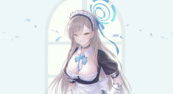 Rule 34 | 1girl, apron, asuna (blue archive), blue archive, blue bow, blue bowtie, blue eyes, blue ribbon, bow, bowtie, breasts, choker, detached collar, elbow gloves, gloves, hair ribbon, halo, highres, large breasts, light brown hair, maid headdress, mole, mole on breast, ribbon, solo, swept bangs, vennie, waist apron, white apron, white gloves