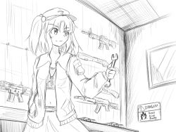 Rule 34 | 1girl, english text, female focus, greyscale, gun, hair bobbles, hair ornament, hat, jacket, kawashiro nitori, key, monochrome, open clothes, open jacket, short hair, skirt, solo, tachi (mtd), tank top, touhou, twintails, two side up, weapon, wrench