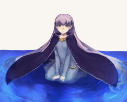 Rule 34 | 1girl, absurdly long hair, bad id, bad pixiv id, belly chain, blue dress, cloak, collarbone, dress, fire emblem, fire emblem: the binding blade, highres, jewelry, kneeling, lavender dress, long hair, long sleeves, looking at viewer, mesz410, nintendo, partially submerged, purple cloak, purple eyes, purple hair, simple background, solo, sophia (fire emblem), very long hair, water, white background