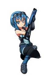 Rule 34 | 1girl, armor, black pantyhose, blue eyes, blue hair, boots, carracosta, creatures (company), elbow pads, game freak, gen 5 pokemon, goggles, goggles on head, gun, knee pads, matching hair/eyes, nintendo, pantyhose, personification, pokemon, short hair, shotgun, shoulder pads, simple background, solo, weapon, white background