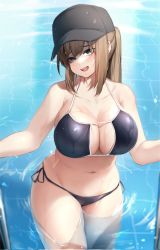 Rule 34 | 1girl, bad id, bad twitter id, bare arms, baseball cap, bikini, black bikini, black hat, blue eyes, blush, breasts, brown hair, cameltoe, cleavage, cleavage cutout, clothing cutout, collarbone, corrupted twitter file, cowboy shot, dima (girls&#039; frontline), girls&#039; frontline, groin, halterneck, hat, head tilt, highres, large breasts, long hair, navel, nine (kanine41), open mouth, outdoors, partially submerged, ponytail, pool, side-tie bikini bottom, sidelocks, smile, solo, standing, stomach, string bikini, swimsuit, thighs, wading, water, wet