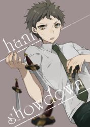 Rule 34 | 1boy, brown eyes, brown hair, collared shirt, commentary request, cowboy shot, danganronpa (series), danganronpa 2: goodbye despair, dress shirt, green eyes, green necktie, grey background, hinata hajime, hita (hitapita), holding, holding weapon, knife, looking at viewer, male focus, necktie, open mouth, shirt, short hair, short sleeves, simple background, solo, sword, upper body, weapon