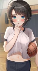 Rule 34 | 1girl, absurdres, ahoge, alternate costume, ball, basketball, basketball (object), black hair, blue eyes, blush, breasts, gym uniform, highres, hisui (user zvkr2432), holding, holding ball, hololive, looking at viewer, medium breasts, navel, oozora subaru, short hair, solo, standing, sweat, swept bangs, virtual youtuber
