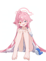 Rule 34 | 1girl, absurdres, ahoge, arsyky14, barefoot, blue archive, blue eyes, blush, dress, fang, feet, full body, hair between eyes, halo, heterochromia, highres, hoshino (blue archive), knees up, legs, long hair, looking at viewer, official alternate costume, open mouth, orange eyes, pink hair, pink halo, simple background, sitting, skin fang, soles, solo, toenails, toes, very long hair, white background, white dre, white dress