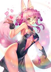 Rule 34 | 1girl, :d, animal ear fluff, animal ears, bare shoulders, bell, black dress, black gloves, breasts, china dress, chinese clothes, dress, fate/grand order, fate (series), folding fan, fox ears, fox girl, fox tail, glasses, gloves, hair ornament, hand fan, heart, holding, holding fan, jingle bell, koyanskaya (chinese lostbelt outfit) (fate), koyanskaya (fate), navel, open mouth, pink hair, sleeveless, sleeveless dress, slit pupils, smile, solo, tail, tamamo (fate), thighs, underboob, yellow eyes, yoshimoto (dear life)