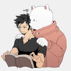 Rule 34 | 1boy, animal, artist name, bad id, bad pixiv id, bear, bepo, black hair, black shirt, book, earrings, facial hair, grey background, hands on another&#039;s shoulders, hands up, highres, holding, holding book, jewelry, long sleeves, looking at another, male focus, one piece, polar bear, reading, shirt, short hair, short sleeves, simple background, smile, tbt, trafalgar law