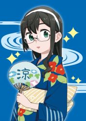 Rule 34 | 10s, 1girl, bad id, bad twitter id, black hair, blue background, hand fan, floral print, glasses, green eyes, hairband, japanese clothes, kantai collection, kimono, long hair, looking at viewer, ojipon, ooyodo (kancolle), paper fan, solo, sparkle, uchiwa, upper body, yukata