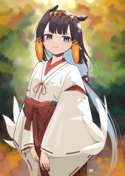 Rule 34 | 1girl, a:n (angrynum), alternate costume, animal ears, artist logo, black hair, black nails, blue eyes, blue hair, blurry, blurry background, blush, breasts, closed mouth, colored inner hair, commentary, cowboy shot, day, hakama, headpiece, highres, hololive, hololive english, japanese clothes, kimono, light blue hair, long hair, looking at viewer, miko, multicolored hair, nail polish, ninomae ina&#039;nis, orange hair, outdoors, pointy ears, red hakama, small breasts, smile, solo, symbol-only commentary, takodachi (ninomae ina&#039;nis), tentacle hair, tree, virtual youtuber, white kimono, wide sleeves
