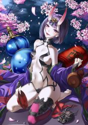 Rule 34 | 1girl, absurdres, ankle ribbon, barefoot, blunt bangs, breasts, cherry blossoms, cup, fangs, fate/grand order, fate (series), forehead jewel, full body, gourd, head tilt, highres, horns, japanese clothes, kimono, lantern, leg ribbon, looking at viewer, mask, medium breasts, navel, night, off shoulder, oni mask, open clothes, open kimono, open mouth, paper lantern, pink lips, purple eyes, purple hair, purple kimono, revealing clothes, ribbon, sakazuki, seiza, short eyebrows, short hair, shuten douji (fate), single thighhigh, sitting, skin-covered horns, slit pupils, smile, solo, thighhighs, xiao gen