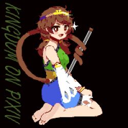 Rule 34 | 1girl, barefoot, blue dress, blush stickers, brown hair, circlet, detached sleeves, dress, feet, green dress, highres, kingdom (user ysav4824), legs, long hair, low twintails, monkey tail, multicolored clothes, multicolored dress, open mouth, pixel art, red eyes, ruyi jingu bang, single detached sleeve, smile, soles, solo, son biten, tail, test tube, toes, touhou, twintails, white sleeves, yellow dress