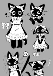 Rule 34 | 1girl, anger vein, angry, animal ears, animal feet, apron, arms behind back, back bow, barefoot, black dress, blush, bow, bowtie, broken plate, cat ears, cat girl, cat tail, closed eyes, cropped torso, dress, ears down, fang, female focus, flat chest, flying sweatdrops, frilled apron, frills, full body, furry, furry female, grey background, greyscale, hands up, happy, heart, highres, light blush, long dress, looking at viewer, maid, maid apron, maid headdress, monochrome, multiple views, non nya nya, open mouth, original, own hands together, paw pose, plate, puffy short sleeves, puffy sleeves, sad, short hair, short sleeves, simple background, sketch, skin fang, sleeping, smile, speech bubble, spoken anger vein, spoken paw print, standing, straight-on, tail, u u, upper body, v arms, wavy eyes, whiskers, wide-eyed, zzz