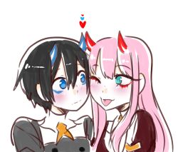 Rule 34 | 10s, 1boy, 1girl, black hair, blue eyes, couple, darling in the franxx, green eyes, hiro (darling in the franxx), horns, lips, long hair, looking at another, military, military uniform, necktie, one eye closed, oni horns, orange neckwear, pink hair, pride-kun, red horns, short hair, uniform, zero two (darling in the franxx)