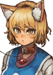 Rule 34 | 1girl, absurdres, animal ear fluff, animal ears, belt collar, blonde hair, blush, brooch, chanta (ayatakaoisii), closed mouth, collar, fox ears, highres, jewelry, leash, looking at viewer, portrait, shirt, short hair, simple background, slit pupils, solo, sweat, tabard, touhou, upper body, white background, white shirt, yakumo ran, yellow eyes