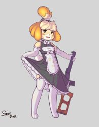 Rule 34 | 1girl, alternate costume, animal crossing, animal ears, artist name, bare shoulders, bell, black dress, blonde hair, bow, bowtie, breasts, buck teeth, clothes lift, dog ears, dog girl, dog tail, dress, dress lift, elbow gloves, female focus, frilled dress, frills, full body, furry, furry female, garter straps, gloves, grey background, gun, hair bell, hair ornament, hand up, happy, highres, holding, holding gun, holding weapon, integral suppressor, integrally-suppressed firearm, isabelle (animal crossing), jingle bell, looking at viewer, nintendo, open mouth, outstretched arm, paw print, rifle, scrunchie, short hair, signature, simple background, skindentation, sleeveless, sleeveless dress, small breasts, smile, sniper rifle, solo, standing, suenbroe, suppressor, tail, teeth, thighhighs, topknot, toz (tulsky oruzheiny zavod), tsniitochmash, tula arms plant, vss vintorez, weapon, white bow, white bowtie, white gloves, white thighhighs