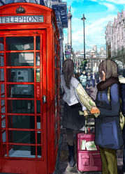 Rule 34 | 2girls, blue sky, building, city, day, from behind, highres, ikura wataru, london, luggage, map, map (object), multiple girls, original, phone booth, real world location, sky, united kingdom, when you see it