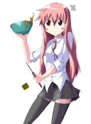 Rule 34 | 00s, 1girl, artist request, bowl, cooking, long hair, louise francoise le blanc de la valliere, non-web source, orange eyes, pentacle, pink hair, sleeves rolled up, solo, thighhighs, wand, white background, zero no tsukaima