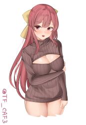 Rule 34 | 1girl, blush, bow, breasts, brown sweater, cleavage, hair ribbon, kamikaze (kancolle), kantai collection, long hair, looking at viewer, medium breasts, meme attire, open-chest sweater, open mouth, purple eyes, red hair, ribbed sweater, ribbon, smile, solo, sweater, tf cafe, turtleneck, turtleneck sweater, twitter username, white background, yellow bow, yellow ribbon