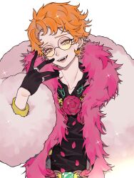 Rule 34 | 1boy, ao (ao0 0nemu), black gloves, black shirt, coat, commentary request, fangs, feather boa, flower, fur coat, glasses, gloves, hand up, highres, idol clothes, jewelry, juuouin kakeru, king of prism, looking at viewer, male focus, open mouth, orange eyes, orange hair, pretty rhythm, pretty series, red flower, red rose, ring, rose, round eyewear, shirt, short hair, smile, solo, sparkle, upper body, white background