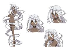 Rule 34 | 10s, 1girl, absurdly long hair, black sclera, blush, breasts, character sheet, collarbone, colored sclera, concept art, crossed arms, dark skin, doppel (monster musume), doppelganger, expressions, facial expressions, full body, grin, hair censor, highres, long hair, monster girl, monster musume no iru nichijou, multiple views, navel, nude, official art, prehensile hair, shiny skin, simple background, small breasts, smile, very long hair, white background, white hair, yellow eyes