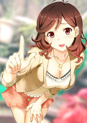 Rule 34 | 1girl, breasts, brown eyes, brown hair, cleavage, collarbone, emanon123, floral print, futagawa mimi, hand up, heart, heart necklace, highres, index finger raised, jacket, jewelry, large breasts, leaning forward, mole, mole under mouth, necklace, open clothes, open jacket, pink shorts, shorts, skirt, smile, solo, tokyo 7th sisters, wavy hair