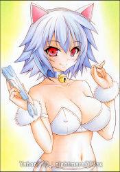 Rule 34 | 10s, 1girl, animal ears, armband, bare shoulders, bell, neck bell, blush, breasts, cat ears, cleavage, collar, color ink (medium), covered erect nipples, fake animal ears, hand fan, female focus, folding fan, infinite stratos, large breasts, looking at viewer, millipen (medium), navel, nightmare77zx, panties, purple hair, red eyes, sarashiki tatenashi, short hair, side-tie panties, smile, solo, traditional media, underwear, yellow background
