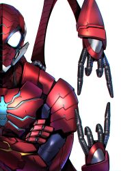 Rule 34 | 1boy, absurdres, armor, avengers: tech on, avengers (series), comic cover, cover image, crossed arms, extra arms, helmet, highres, looking at viewer, m/, marvel, mechanical arms, official art, power armor, shimizu eiichi, smile, solo, spider-man, superhero costume, white background, white eyes